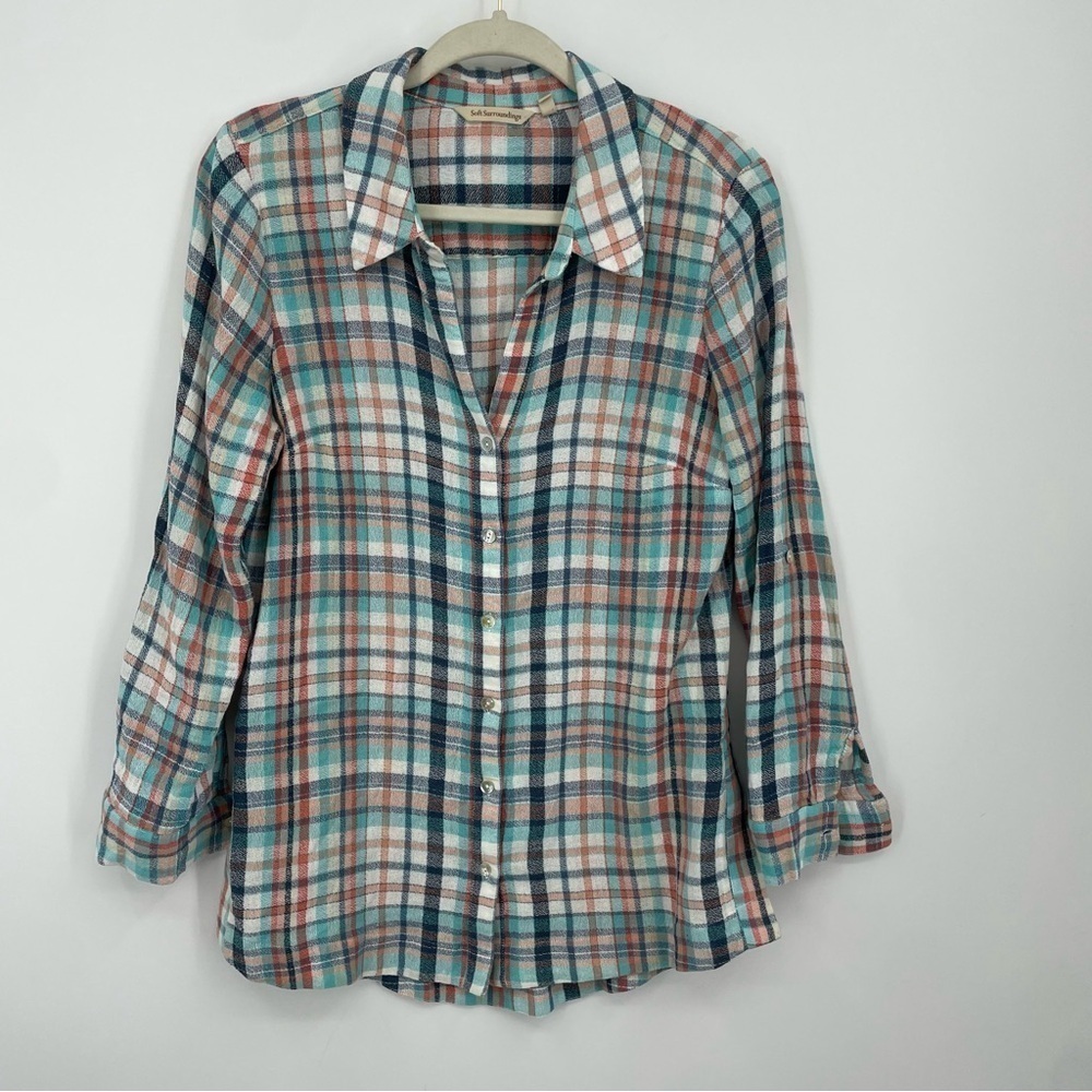 Soft Surroundings Top Sz S Plaid Colorful Tunic Button Down Emerson Summer